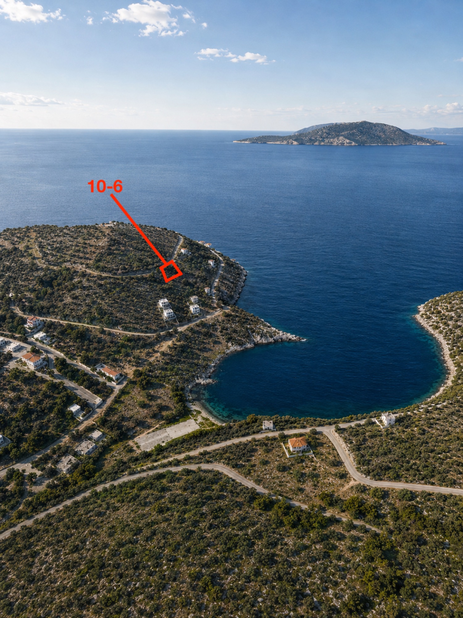 Aerial location view of lot 10-6 on the Pefkali peninsula, Solygia