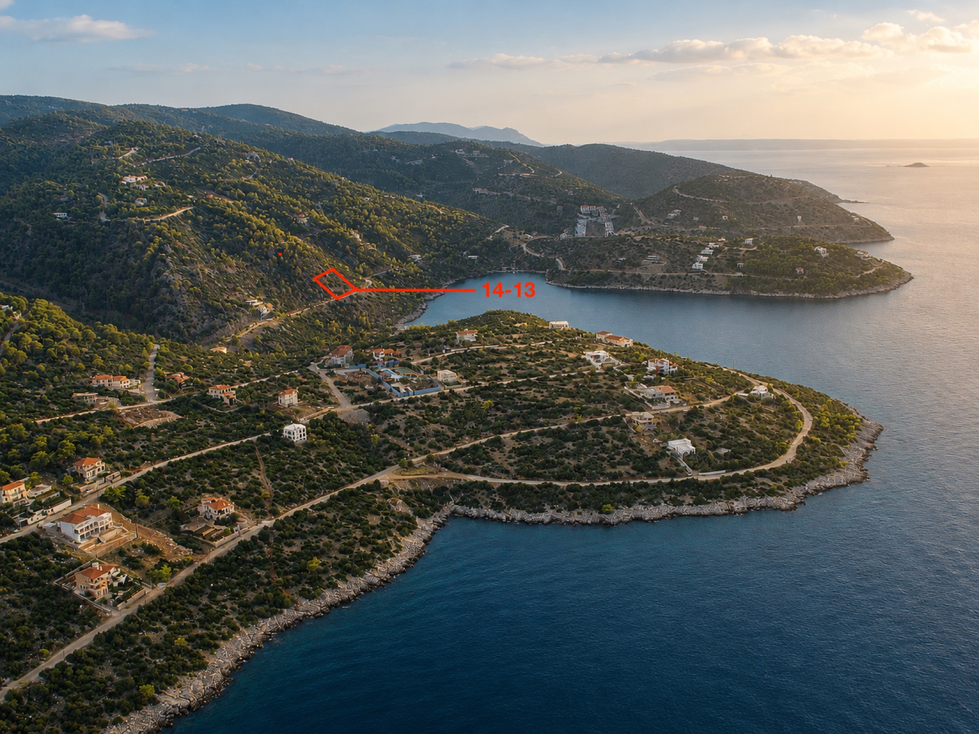 Aerial location view of lot 14-13 on the Pefkali peninsula, Solygia